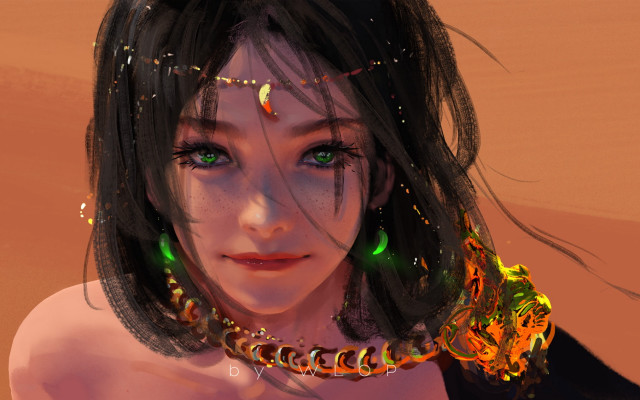 Woman green eyes desert necklace free wallpaper for desktop - medium preview image