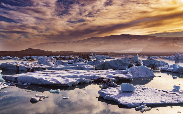 Ice mountains lake sunset shore free wallpaper for desktop - medium preview image