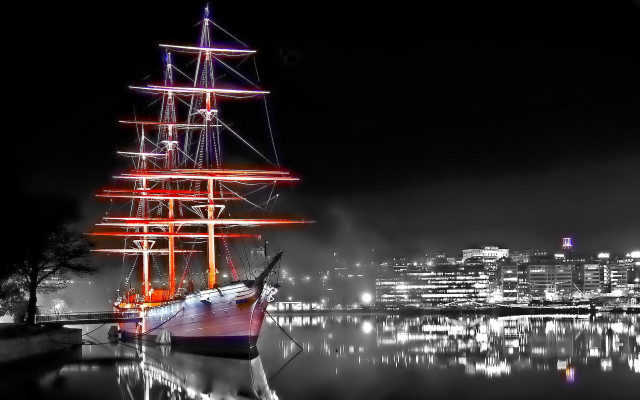 Boat city night mystical sails free wallpaper for desktop - medium preview image