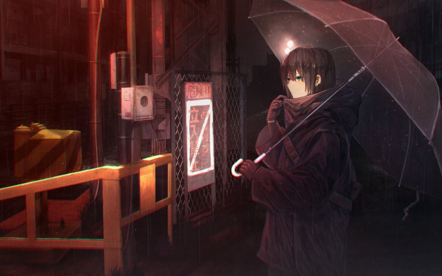 Gloomy cyberpunk aya goda umbrella free wallpaper for desktop - medium preview image