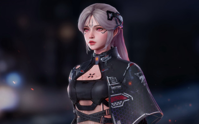 Futuristic woman sword helmet dark free wallpaper for desktop - medium preview image