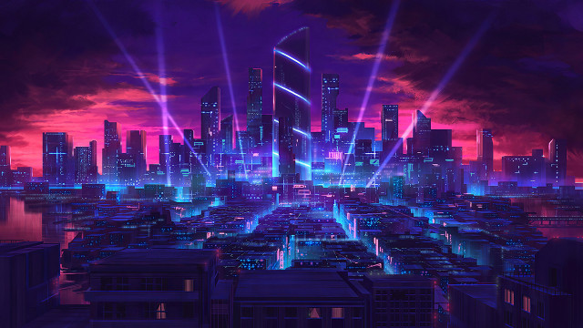 Futuristic city lights cyberpunk skyline free wallpaper for desktop - medium preview image