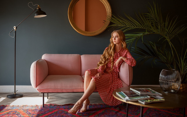 Pink couch woman flowers barefoot free wallpaper for desktop - medium preview image