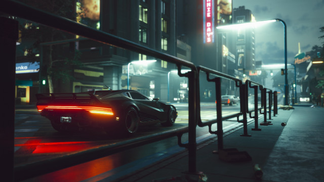 Neon retrofuturism cyberpunk cityscape vehicle free wallpaper for desktop - medium preview image