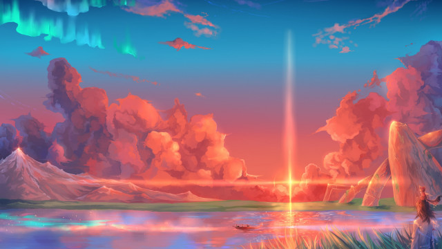 Sunset boat clouds gradient sky free wallpaper for desktop - medium preview image