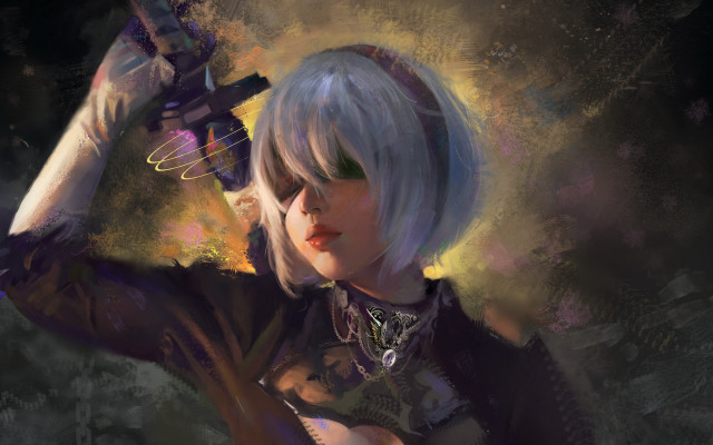 Woman guns smoke dust yorha2b free wallpaper for desktop - medium preview image
