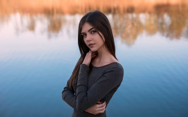 Woman waterfront portrait elina karimova free wallpaper for desktop - medium preview image