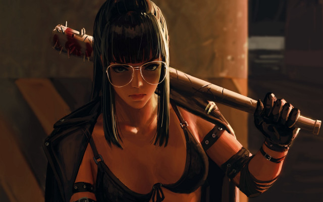 Woman baseballbat leatherjacket cyberpunk weapon free wallpaper for desktop - medium preview image