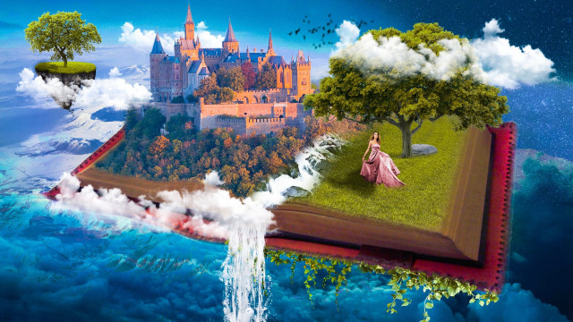 Book castle waterfall pink dress free wallpaper for desktop - medium preview image