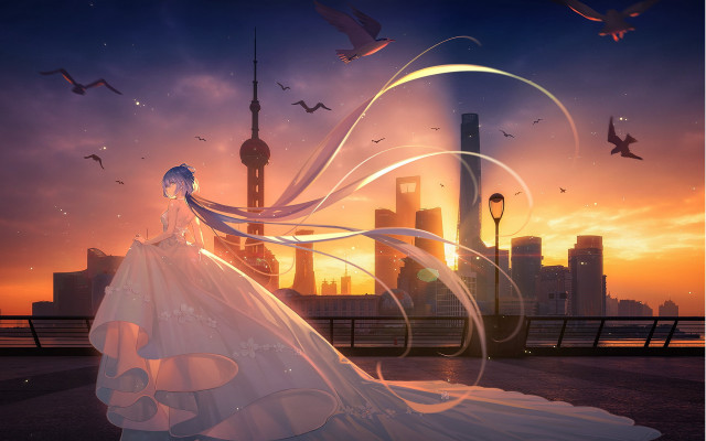 Woman white dress city sunset free wallpaper for desktop - medium preview image
