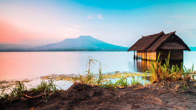 Lake mountain hut sunset landscape free wallpaper for desktop - medium preview image