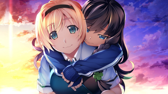 Anime characters hugging sunset cloudy free wallpaper for desktop - medium preview image