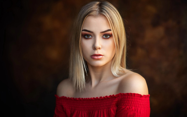Blonde woman red dress portrait free wallpaper for desktop - medium preview image