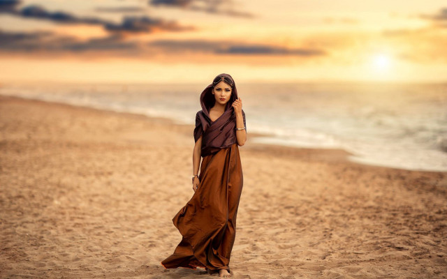 Woman beach longdress sunset ocean free wallpaper for desktop - medium preview image