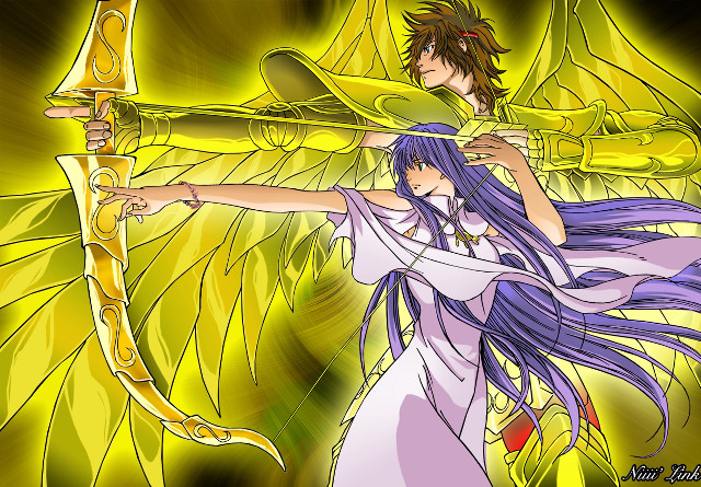 Woman bow man sword wings free wallpaper for desktop - medium preview image