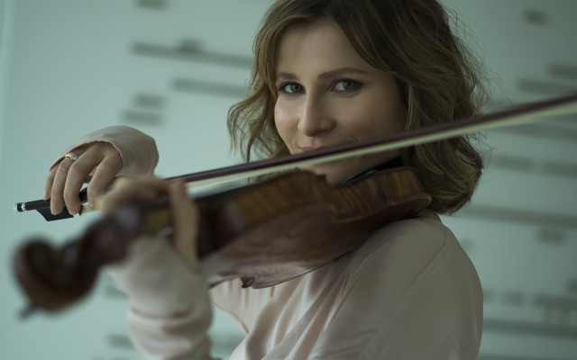 Woman violin smile blonde blue free wallpaper for desktop - medium preview image