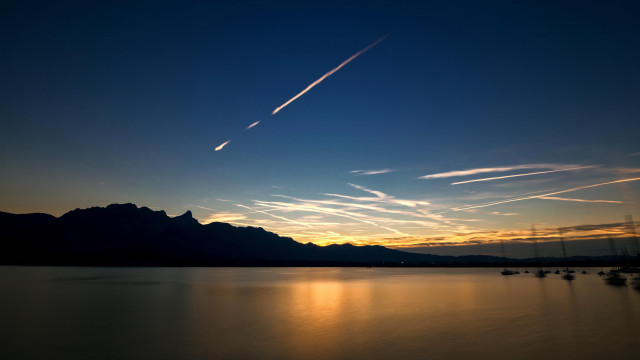 Sunset plane lake mountains clouds free wallpaper for desktop - medium preview image