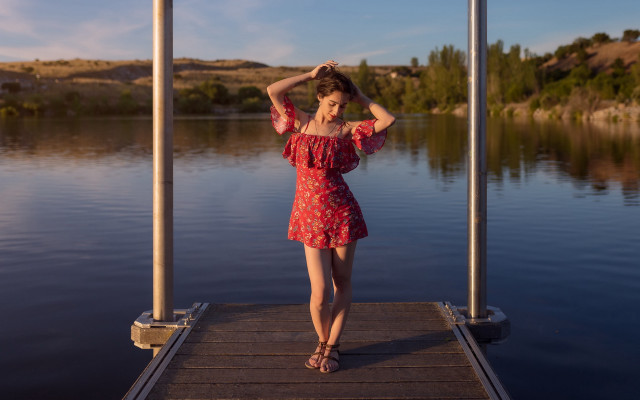 Red dress dock lake summer free wallpaper for desktop - medium preview image