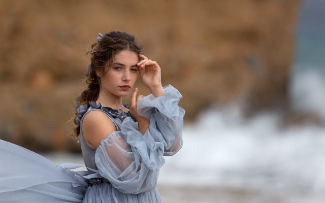 Woman blue dress umbrella ocean free wallpaper for desktop - medium preview image