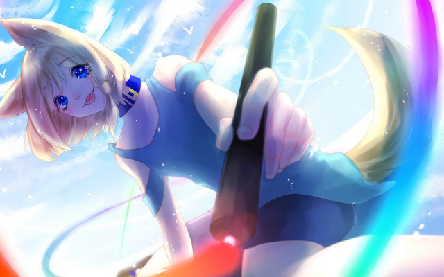 Woman surfboard rainbow tail blue free wallpaper for desktop - medium preview image