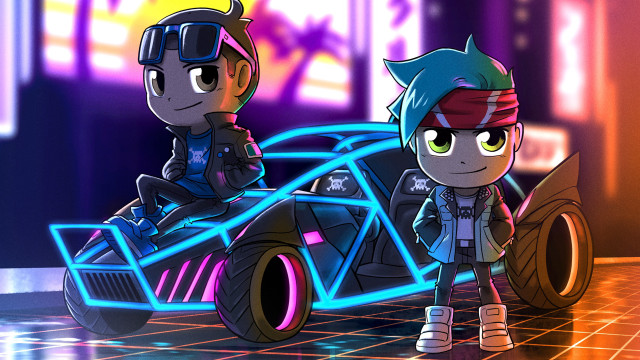 Two characters car neon room free wallpaper for desktop - medium preview image