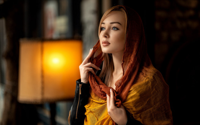 Woman yellow dress scarf serious free wallpaper for desktop - medium preview image