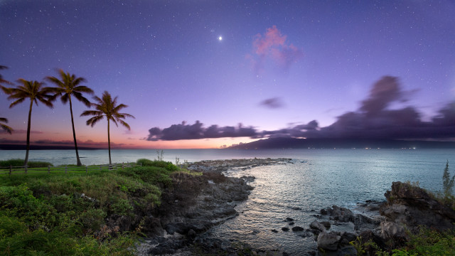 Sunset palm trees water mountains free wallpaper for desktop - medium preview image