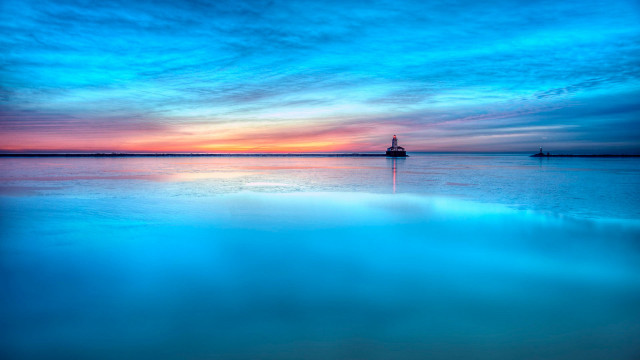 Lighthouse sunset water blue sky free wallpaper for desktop - medium preview image