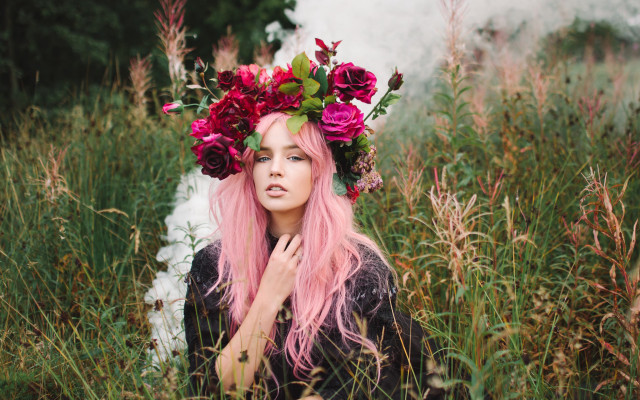 Pink hair flower field smoke free wallpaper for desktop - medium preview image