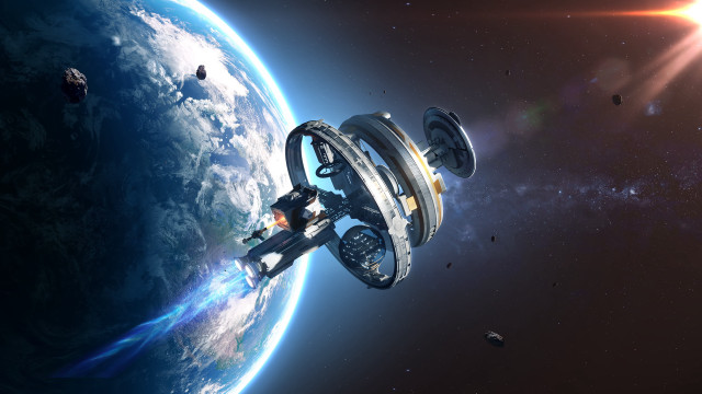 Space station planet sun astronaut free wallpaper for desktop - medium preview image