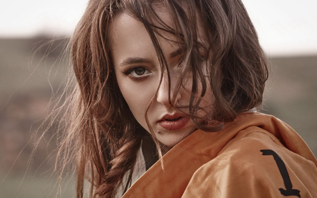 Woman longhair jacket mountain sky free wallpaper for desktop - medium preview image