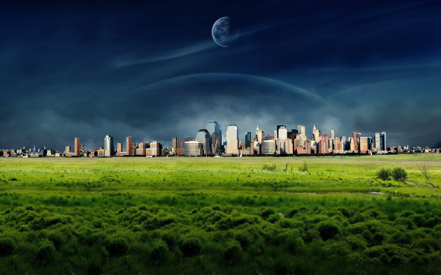 City skyline moon green field #2 free wallpaper for desktop - medium preview image