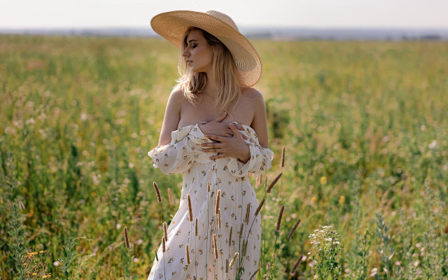Woman hat field flowers elina free wallpaper for desktop - medium preview image