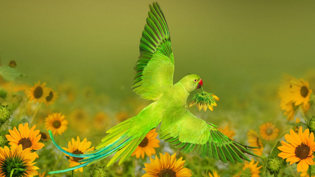Green bird yellow flowers digital free wallpaper for desktop - medium preview image