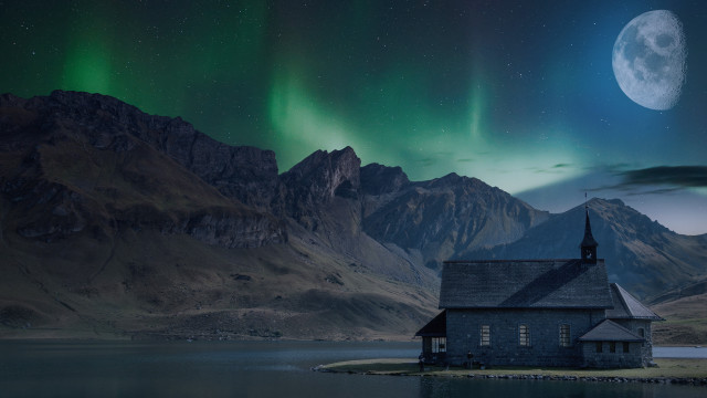 House island aurora mountain night free wallpaper for desktop - medium preview image