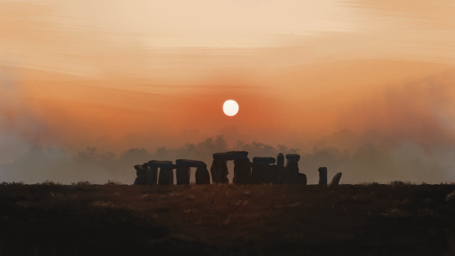 Sunset stonehenges distant moon orange free wallpaper for desktop - medium preview image