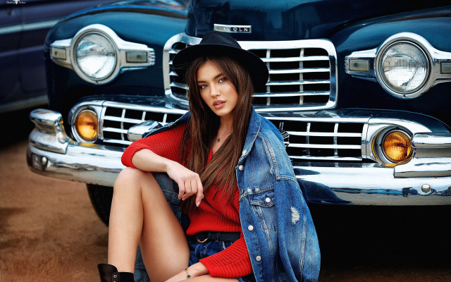 Woman jean jacket hat sitting free wallpaper for desktop - medium preview image