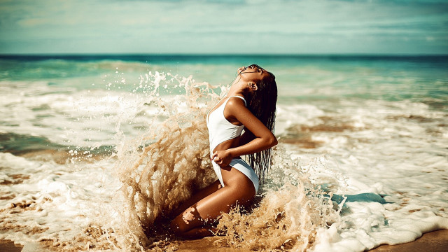 Woman white bathing suit beach free wallpaper for desktop - medium preview image