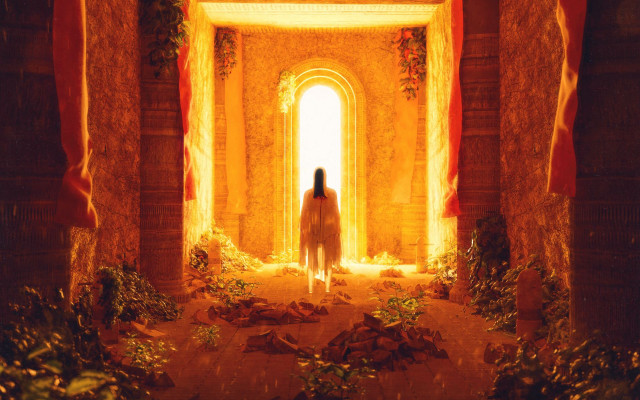 Woman doorway autumn leaves light free wallpaper for desktop - medium preview image