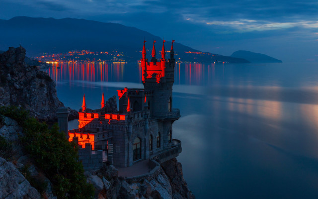 Castle cliff moonlit water mountains free wallpaper for desktop - medium preview image