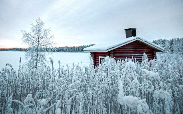 Snowy cabin forest lake bridge free wallpaper for desktop - medium preview image