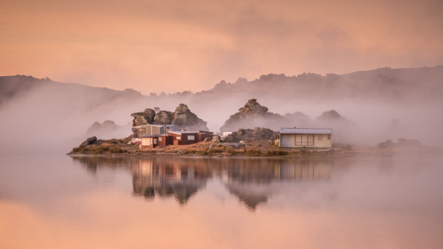 Small island lake fog mountains free wallpaper for desktop - medium preview image