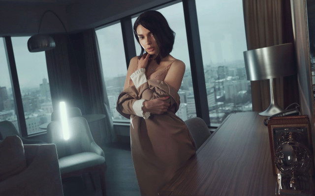 Woman clock window city hologram free wallpaper for desktop - medium preview image