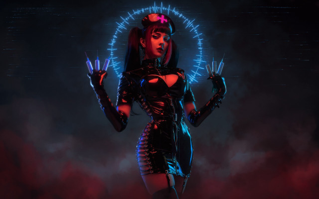 Futuristic woman neon lights cyberpunk free wallpaper for desktop - medium preview image