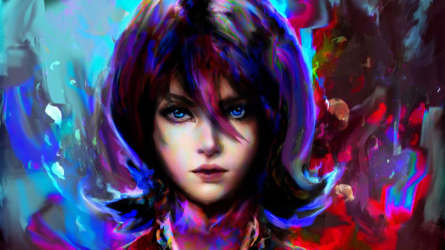 Blue eyes red jacket synchromism free wallpaper for desktop - medium preview image