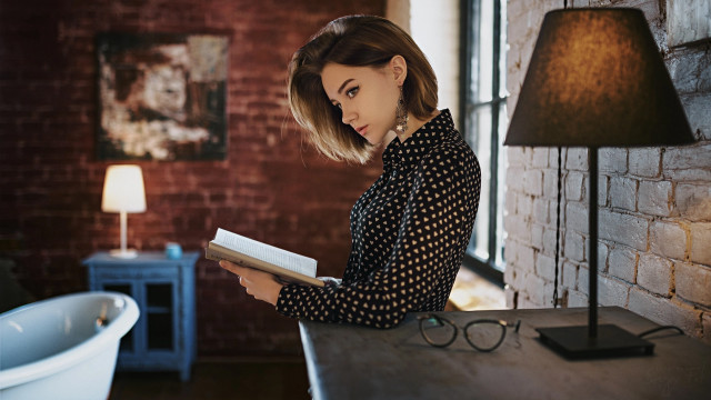 Woman reading book brickwall lamp free wallpaper for desktop - medium preview image