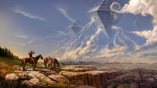 Man horse pyramid clouds dusk free wallpaper for desktop - medium preview image