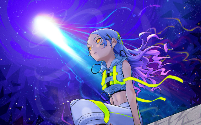 Blue hair girl astronaut cityscape free wallpaper for desktop - medium preview image