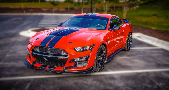 Red mustang blue stripes parking free wallpaper for desktop - medium preview image