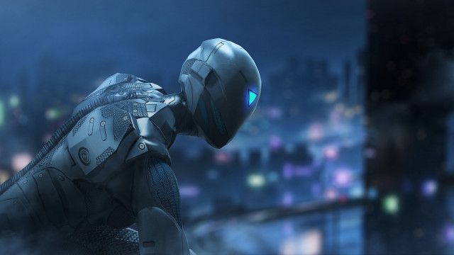 Robot city night hands helmet free wallpaper for desktop - medium preview image